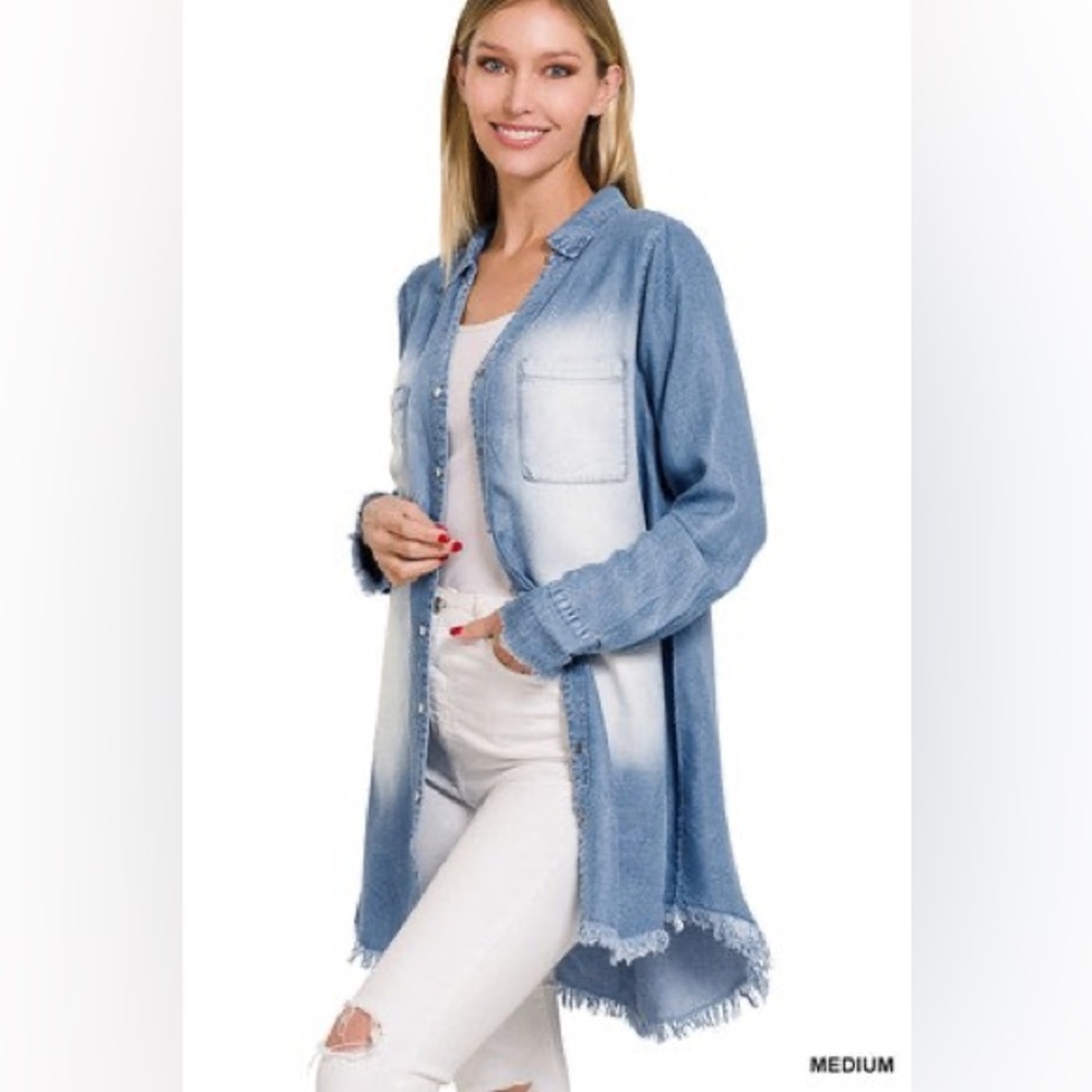 Zenana Distressed Chambray Frayed Hem Longline Shirt Top Hi-Low Hem Size Small